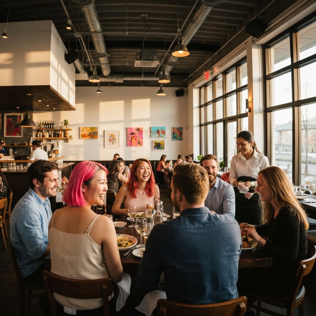 People dining in a bright restaurant with natural light